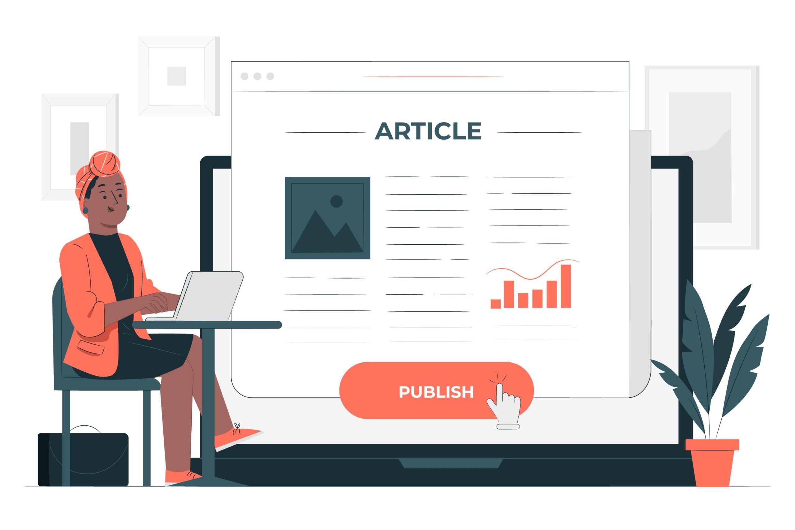 Copywriting VS Content writing woman sitting on desk with big screen showing article behind her