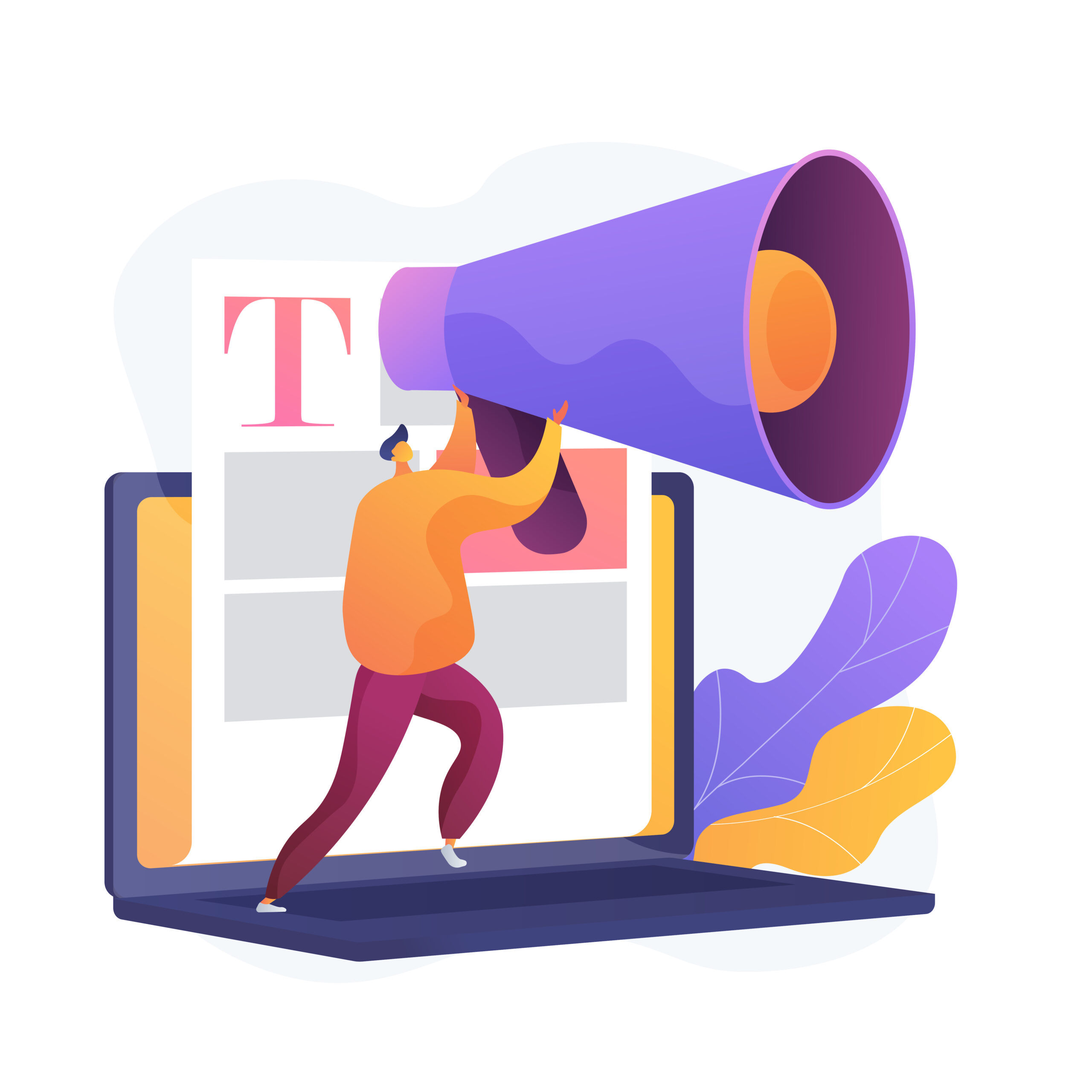 Man with big megaphone holding it up against a big blog post