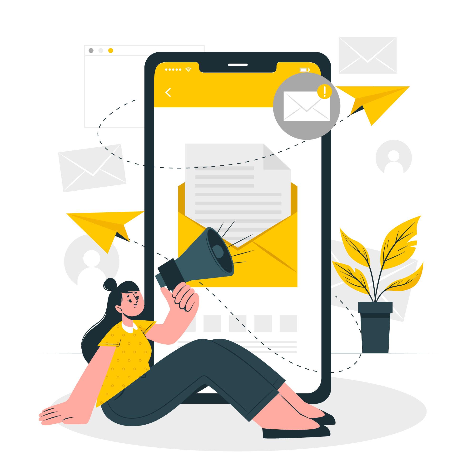 Woman sits on the floor holding a megaphone with a big cellphone as the background with an email icon
