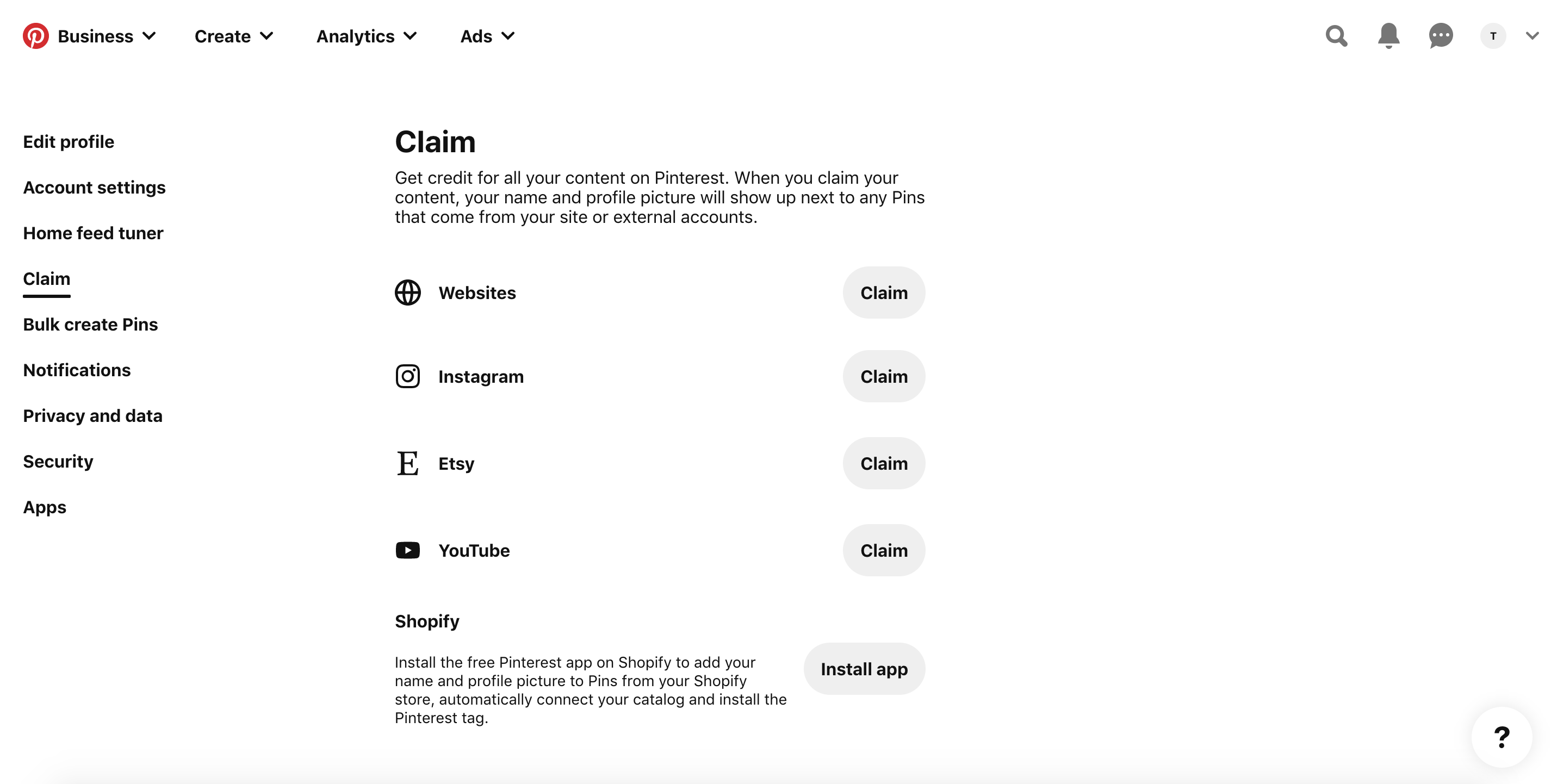 Pinterest business account link accounts