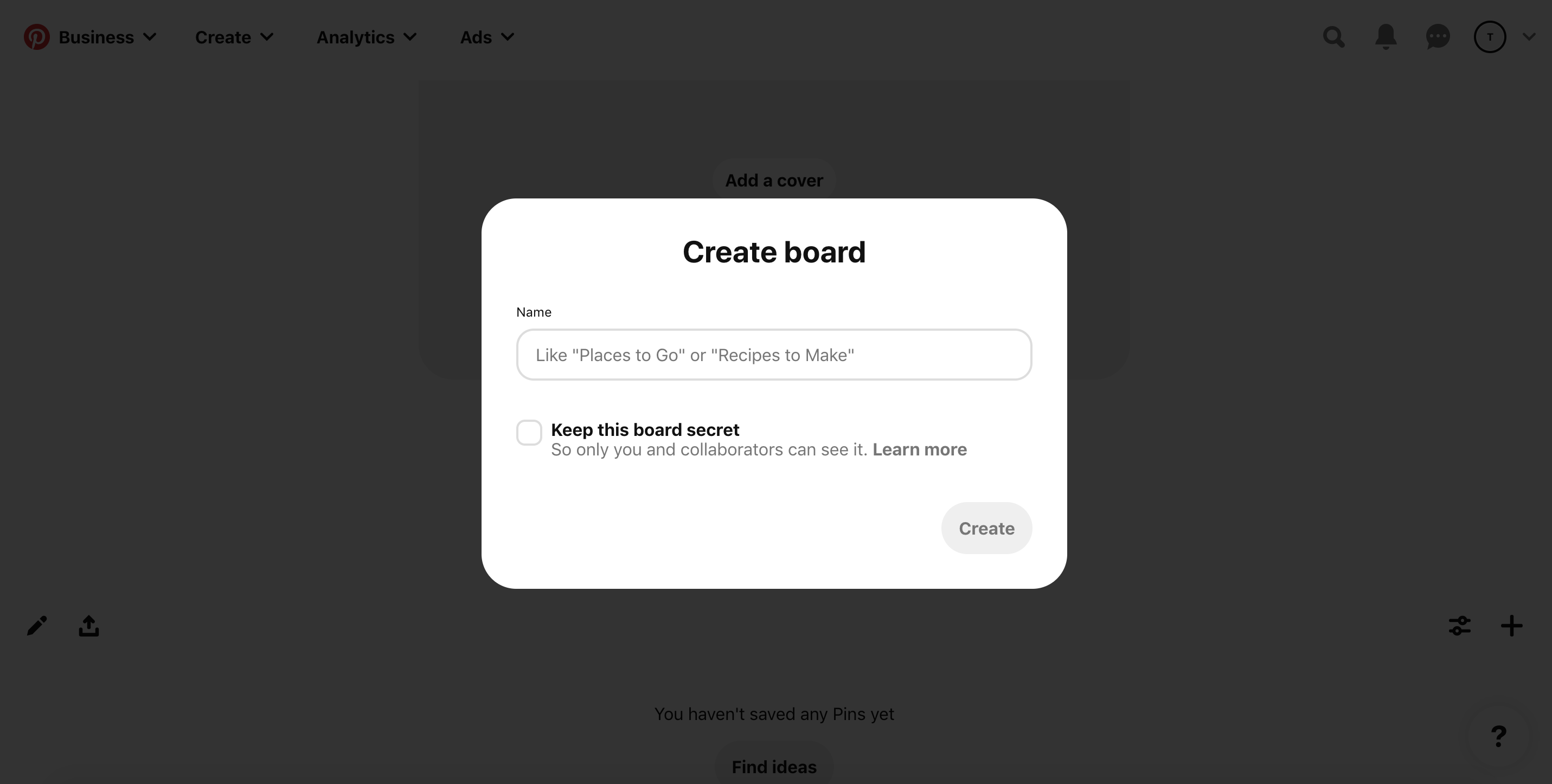 Pinterest create a board