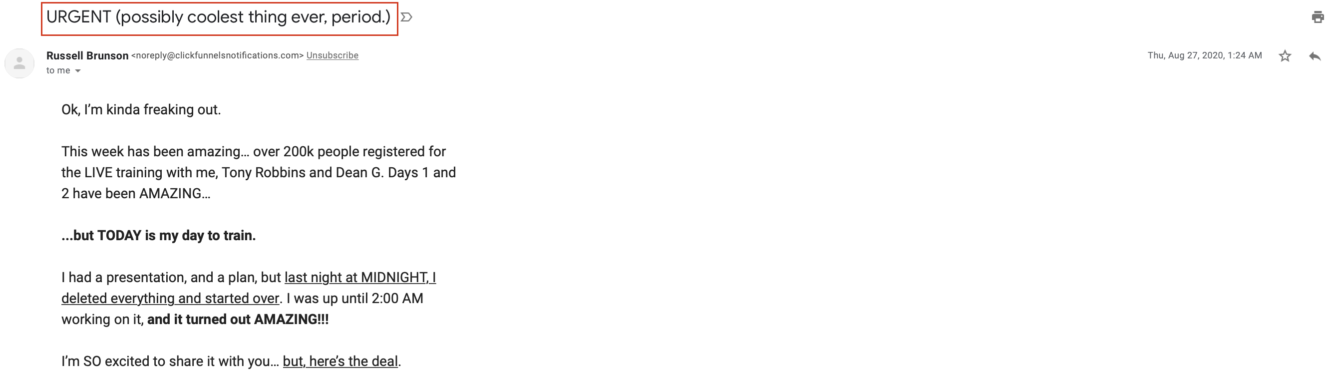Russel Brunson Urgent Subject Line Example