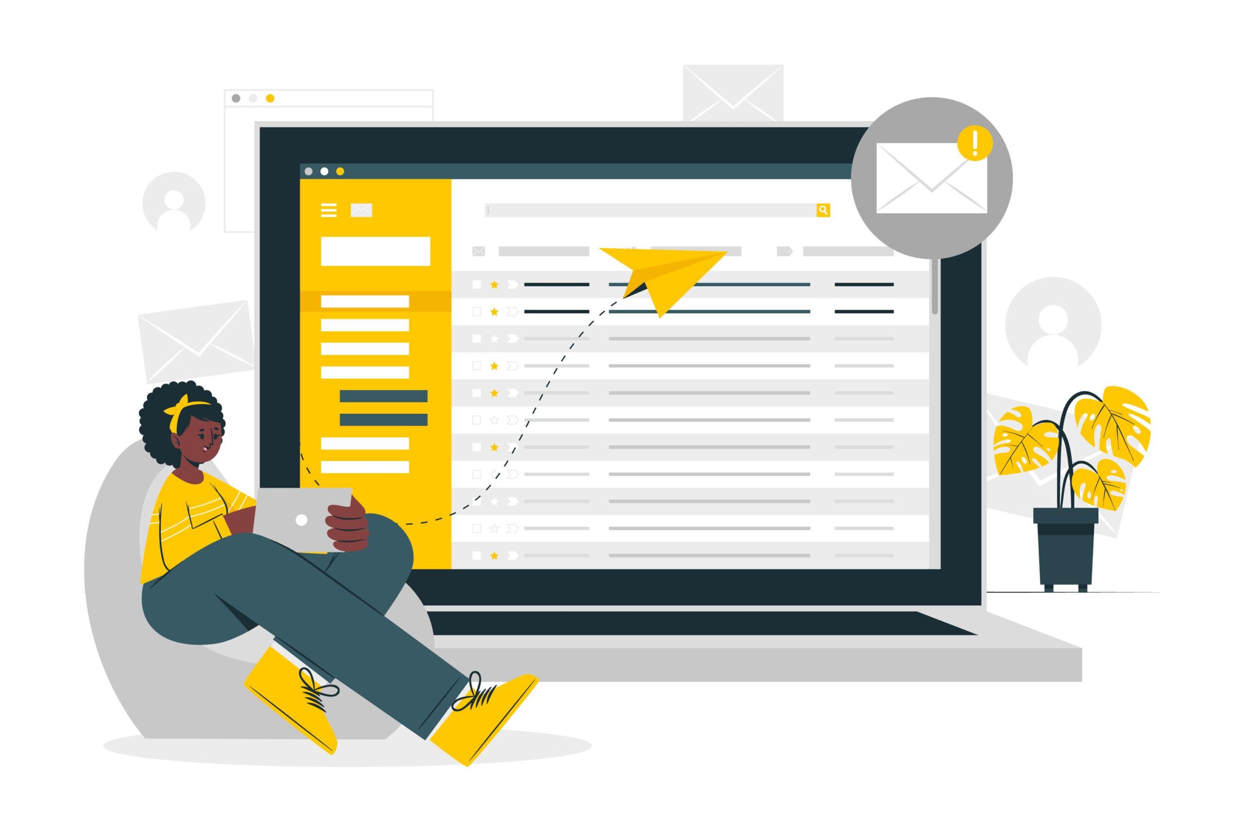 woman sitting on chair using her laptop with a big laptop as the background with email inbox open