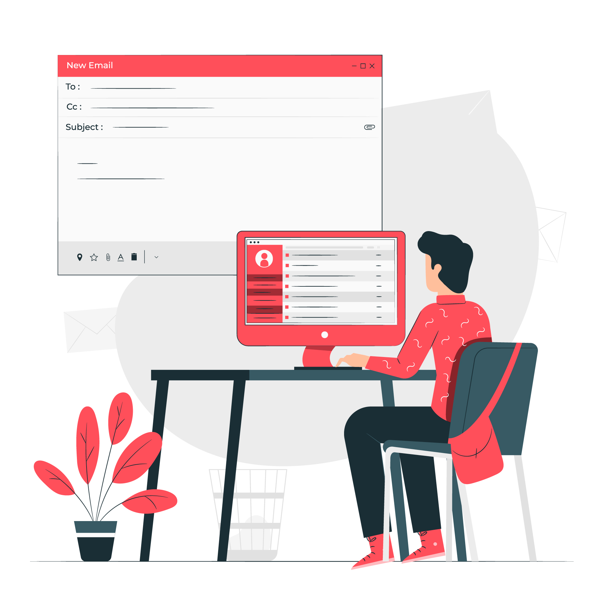 Guy sitting in front of work desk with desktop working on an email