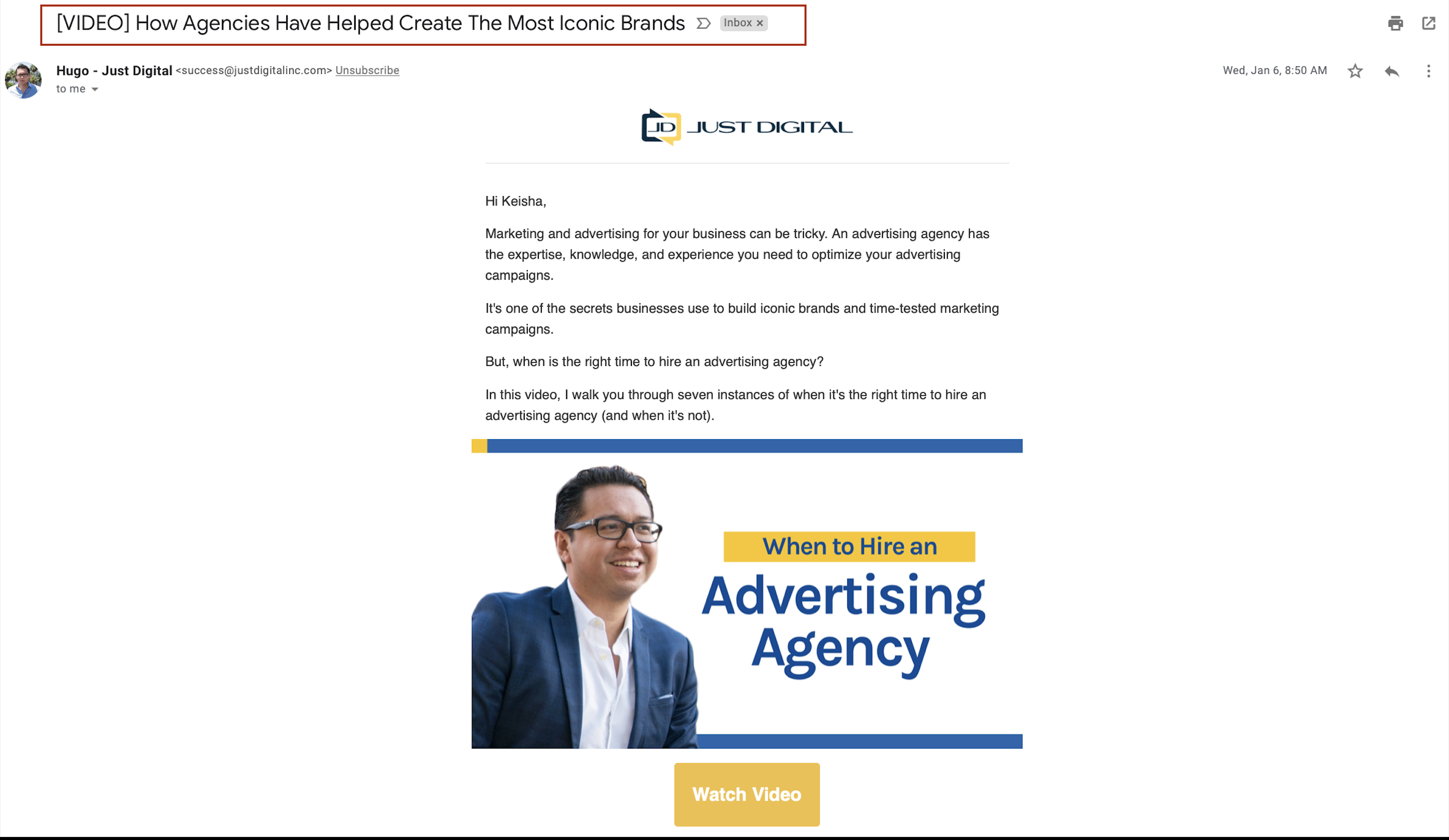 Just Digital Hugo Fernandez Email with focus on the subject line